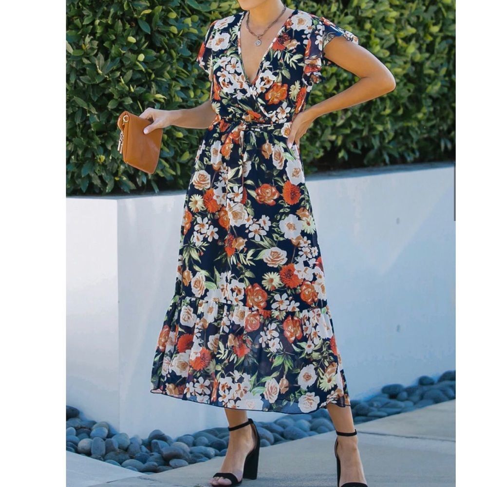 Floral elastic waist ruffle midi dress